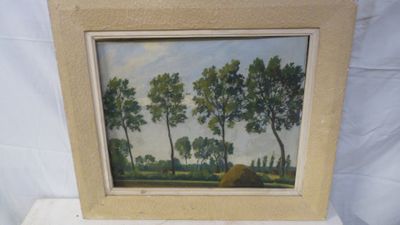 a painting of a landscape with trees and hay bales in a frame