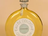 a close up of a bottle of perfume on a beige background