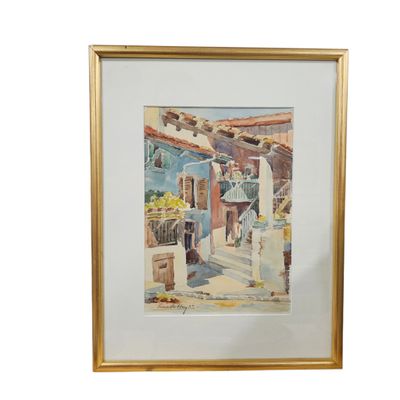 framed watercolor painting of a street scene with fruit stand