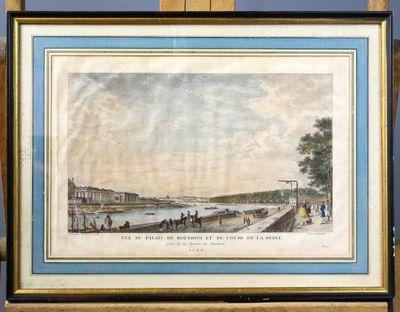 un vieux tableau représentant une vue sur une rivière avec des personnages