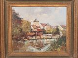 une image d'un tableau représentant un village au bord d'une rivière