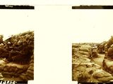 two pictures of a group of people riding horses in the desert