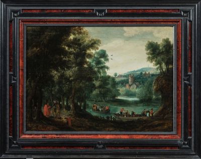 un tableau représentant un paysage avec une rivière et un village au loin