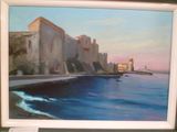 a painting of a view of a city by the water