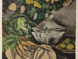 a picture of a painting of flowers and fruit on a table