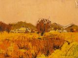 l'image d'une peinture d'un champ avec des arbres en arrière-plan