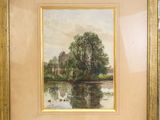 une image représentant une peinture d'un paysage fluvial avec une maison en arrière-plan