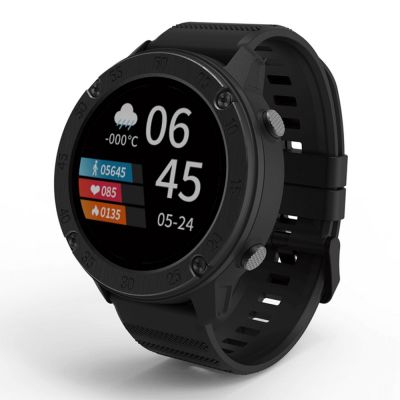 une montre connectée noire posée sur une surface blanche, avec un fond blanc