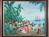 une peinture à l'huile représentant un groupe de personnes dans un décor tropical