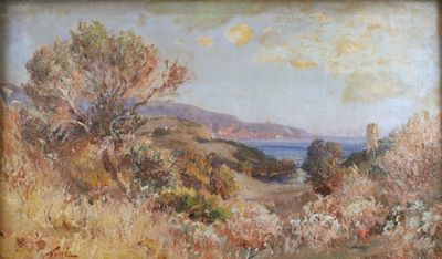 an image of a painting of a view of the ocean from a hill