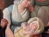a painting of a family with a baby in a living room