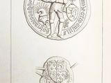 an old book with a drawing of a man holding a sword and a shield