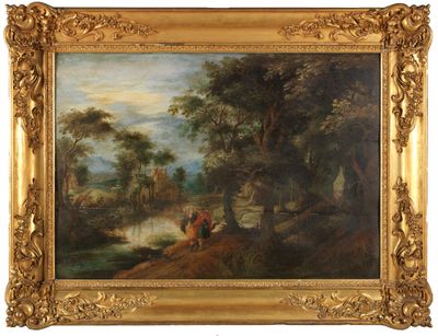 un tableau représentant un paysage avec un homme et une femme au bord d'une rivière