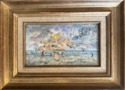 an oil painting of a sunset over a beach with a boat in the water