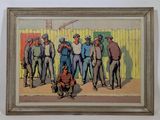 a painting of a group of men standing in front of a fence