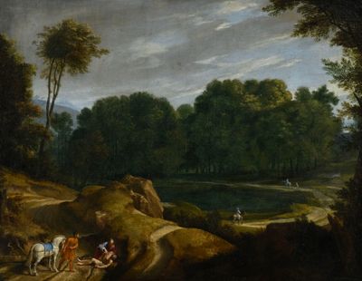 tableau représentant un paysage boisé avec une rivière et un homme à cheval