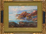 an oil painting of a rocky coast with rocks and water in a gold frame