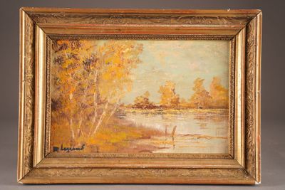 a painting of a landscape with trees and water in a gold frame