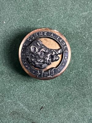 un badge en métal sur lequel est représenté un chat