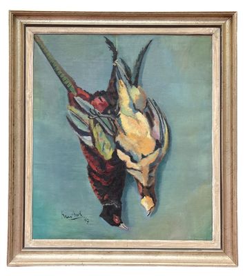 an oil painting of a dead bird hanging from a tree branch