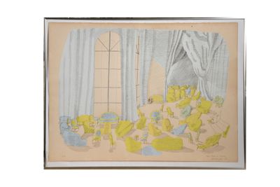 une image représentant un dessin d'une pièce avec une fenêtre et un chat posé par terre
