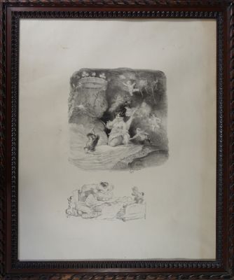 un vieux dessin représentant un homme et un chien dans un bateau