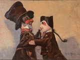 painting of two clowns in top hats and tails are facing each other