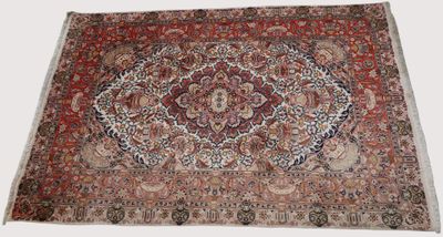 un tapis oriental avec un motif de médaillon sur fond blanc