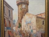 peinture d'une scène de rue avec une tour d'horloge en arrière-plan