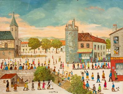 a painting of people walking around a town square