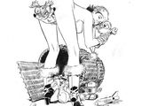dessin représentant un homme assis sur un tas d'ordures à côté d'une voiture