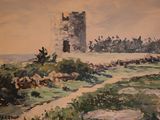 a painting of a tower in the middle of a field