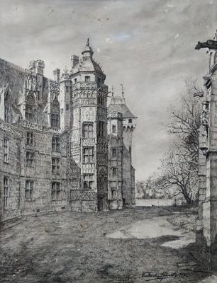 dessin représentant un vieux bâtiment avec une tour horloge au centre