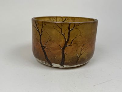 a brown bowl with trees on it on a white surface