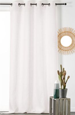 a close up of a white curtain hanging on a curtain rod