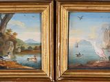 deux tableaux représentant des oiseaux sur un lac, avec un château en arrière-plan