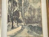 painting of a landscape with trees and a river in a gold frame