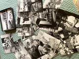 many black and white photos of people on a bed