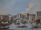 a painting of a canal with gondolas on it