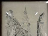 une image représentant un dessin d'une rue avec une tour horloge en arrière-plan