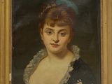 tableau représentant une femme vêtue d'une robe bleue et d'un chapeau vert