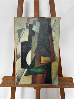 une image représentant un tableau posé sur un chevalet en bois, sur fond blanc