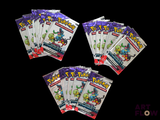 five packs of pokemon trading cards are shown on a black background