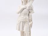 statue of a woman holding a flag on a white background