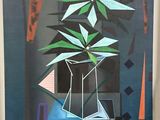 un tableau représentant une plante dans un vase posé sur une table