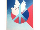 une image représentant une affiche sur laquelle figurent un symbole de la paix et une colombe