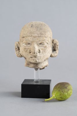 sculpture représentant une tête d'homme à côté d'une poire posée sur un socle