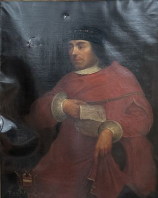 painting of a man in a red robe holding a piece of paper
