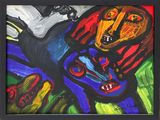painting of a dog and a cat in a black frame on a green background