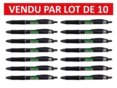 a set of ten black pens with green writing on them